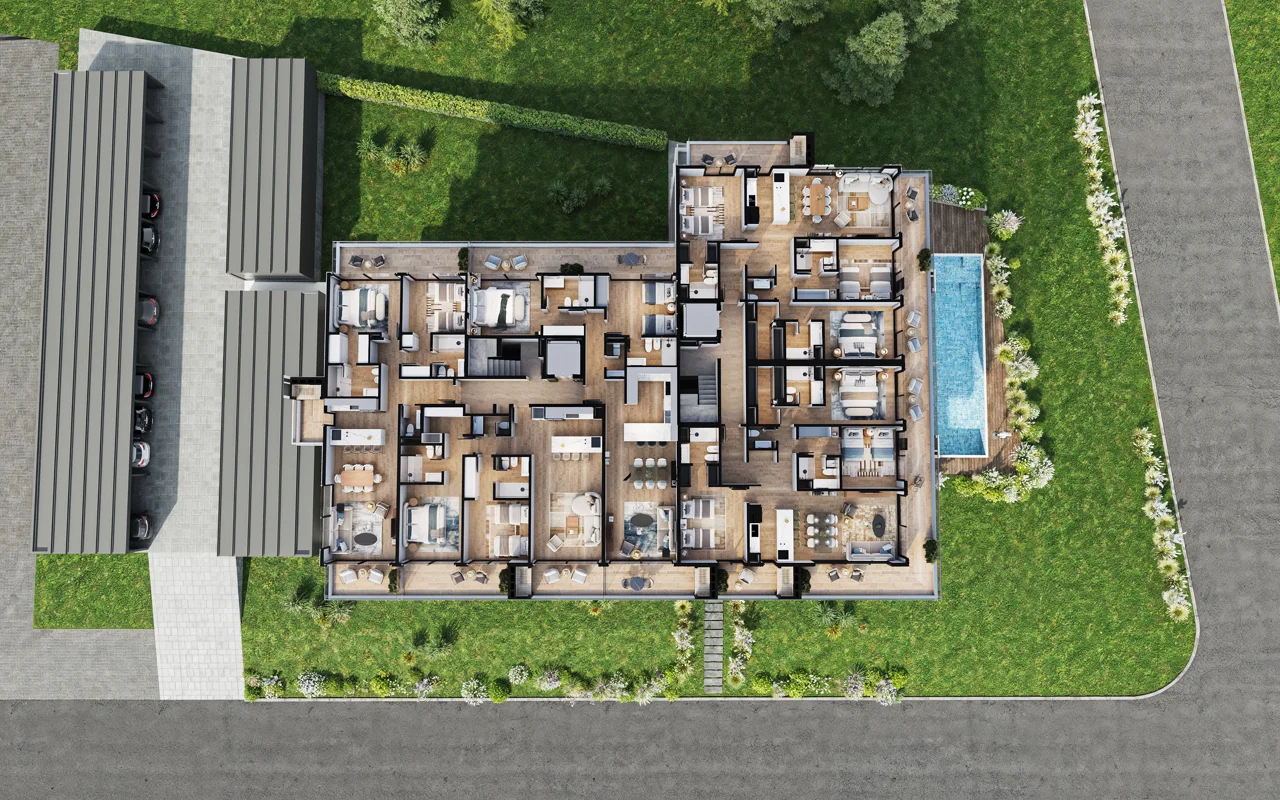El showroom de Aurora II: la planta del piso con las cinco unidades marcadas, cada una se abre al tocarla